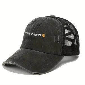 Ponytail Trucker Hat in Acid Washed Black